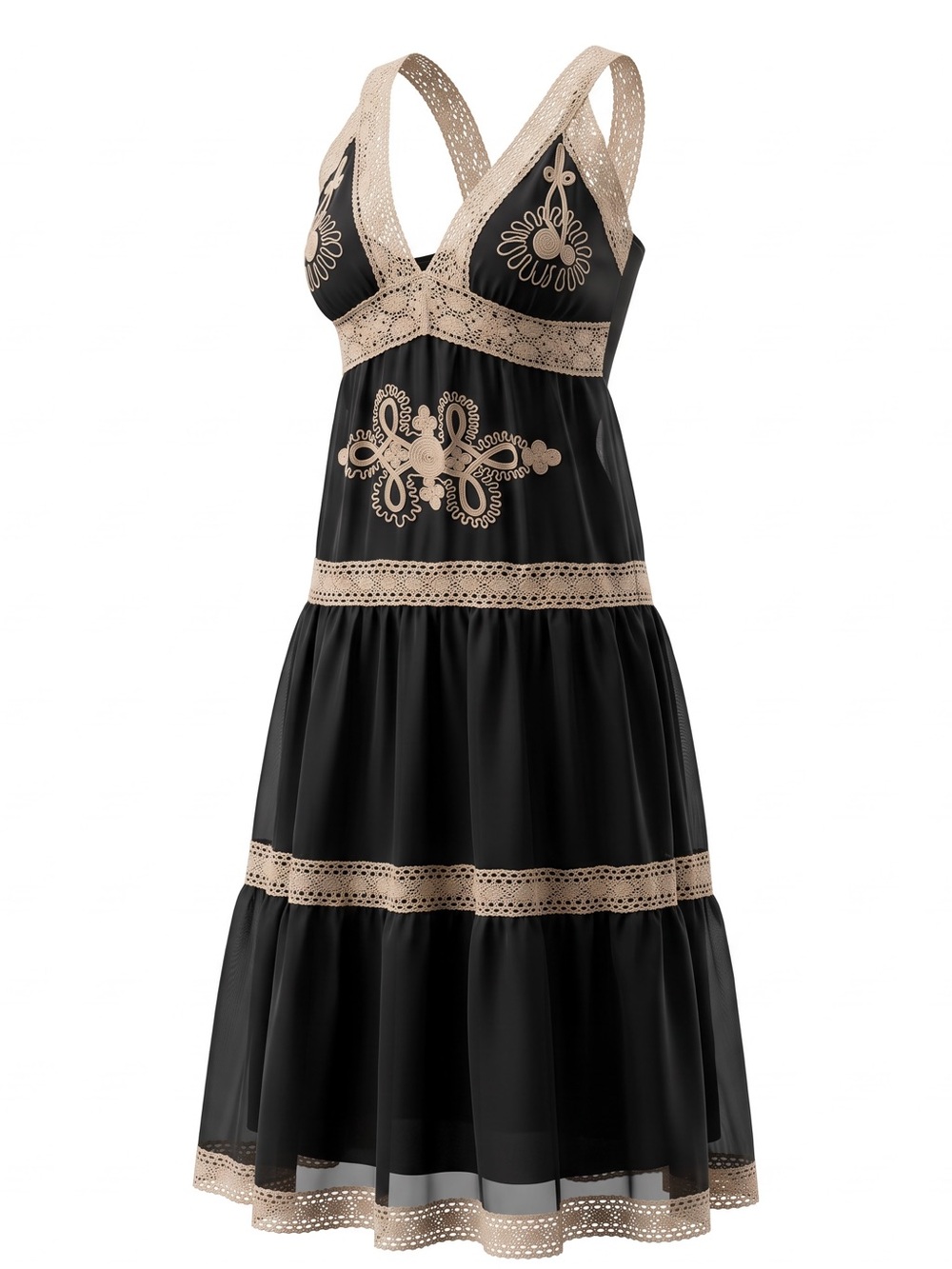 A.B.S. By Allen Schwartz Black Layered Dress With Tan Embroidered Trim